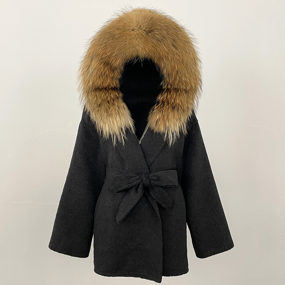 Picture of New Hooded Color-Blocked Fox Fur Collar Autumn and Winter Double-Sided Wool Outwear Women's Cloak Waist Thickeneded Woolen Outwear
