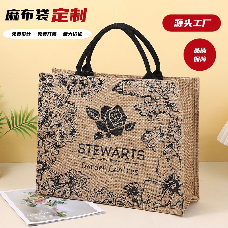 Burlap Bag Custom Logo Advertising Shopping Handbag Literary DIY Travel Commemorative Linen Jute Bag Wholesale