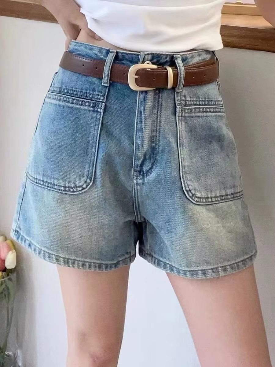 Picture of 2025 New Simple Women's Clothing Fashion Hot Pants Double Pocket A- shaped Wide Leg All-match Slimming plus size Denim Shorts Women