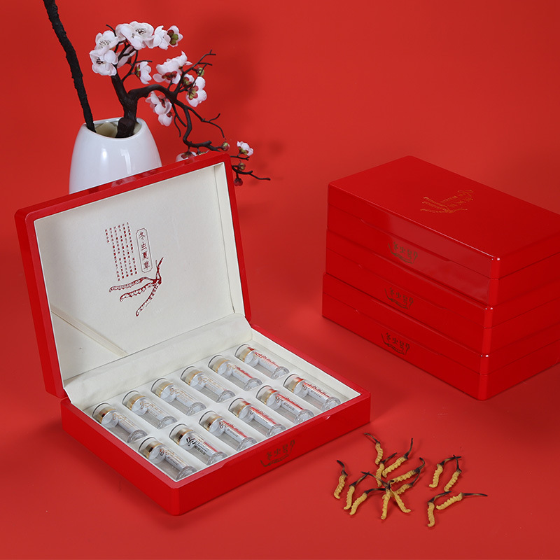 Cordyceps sinensis packing box red high-end gift box empty box transparent piano paint bright wooden box Cordyceps gift box