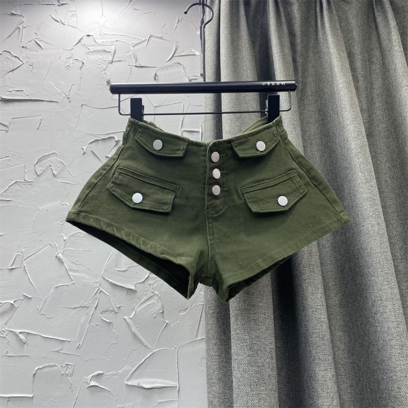 Army Green Sexy Spice Girl Single-breasted Design Denim Shorts Exposed Thigh Super Shorts Tie Bouncer Hot Pants for Women