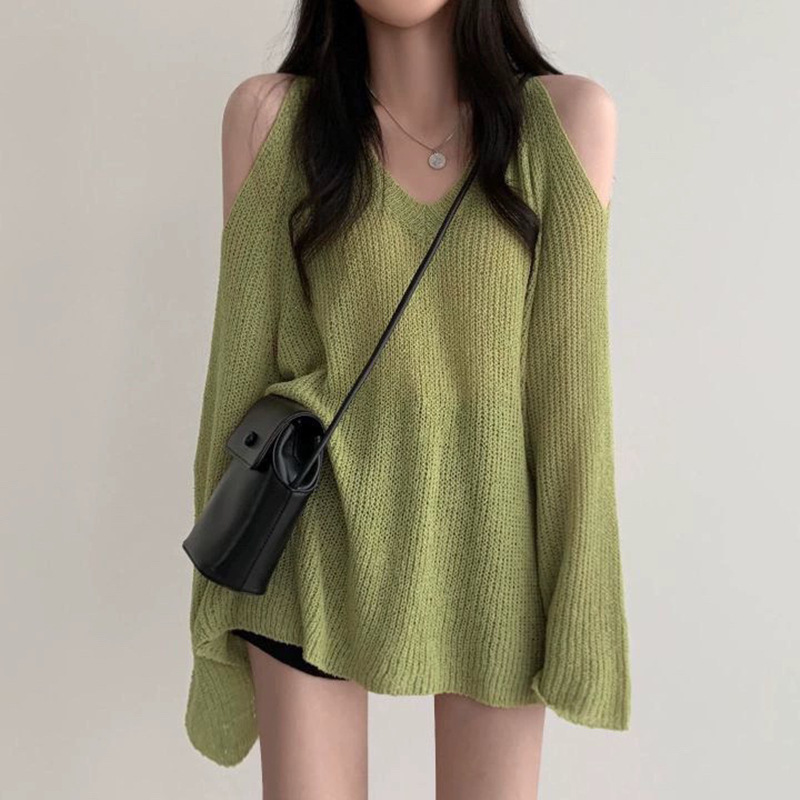 2025 New Korean Chic Loose Lazy Style V-Neck Off-Shoulder Versatile Casual Sun Protection Knitwear Top for Women