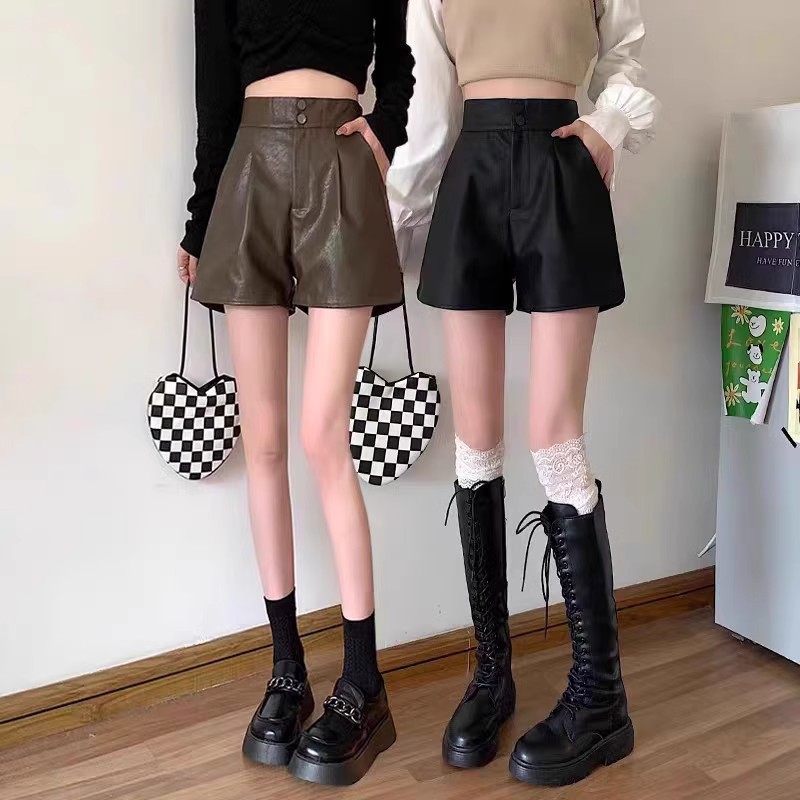 Leather Shorts Women's Autumn 2024 New High Waist Slimming A- Shapes PU Leather Pants Autumn and Winter Wide Leg Pants Outwear European Boots Pants