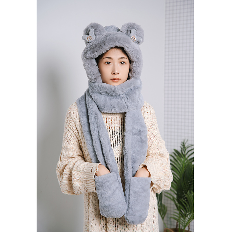 Picture of New Bear Hat Winter Hat Cute Warm Thickened Scarf Integrated Ear Protection Hat Three-Piece Set Cycling Cold Protection Hat