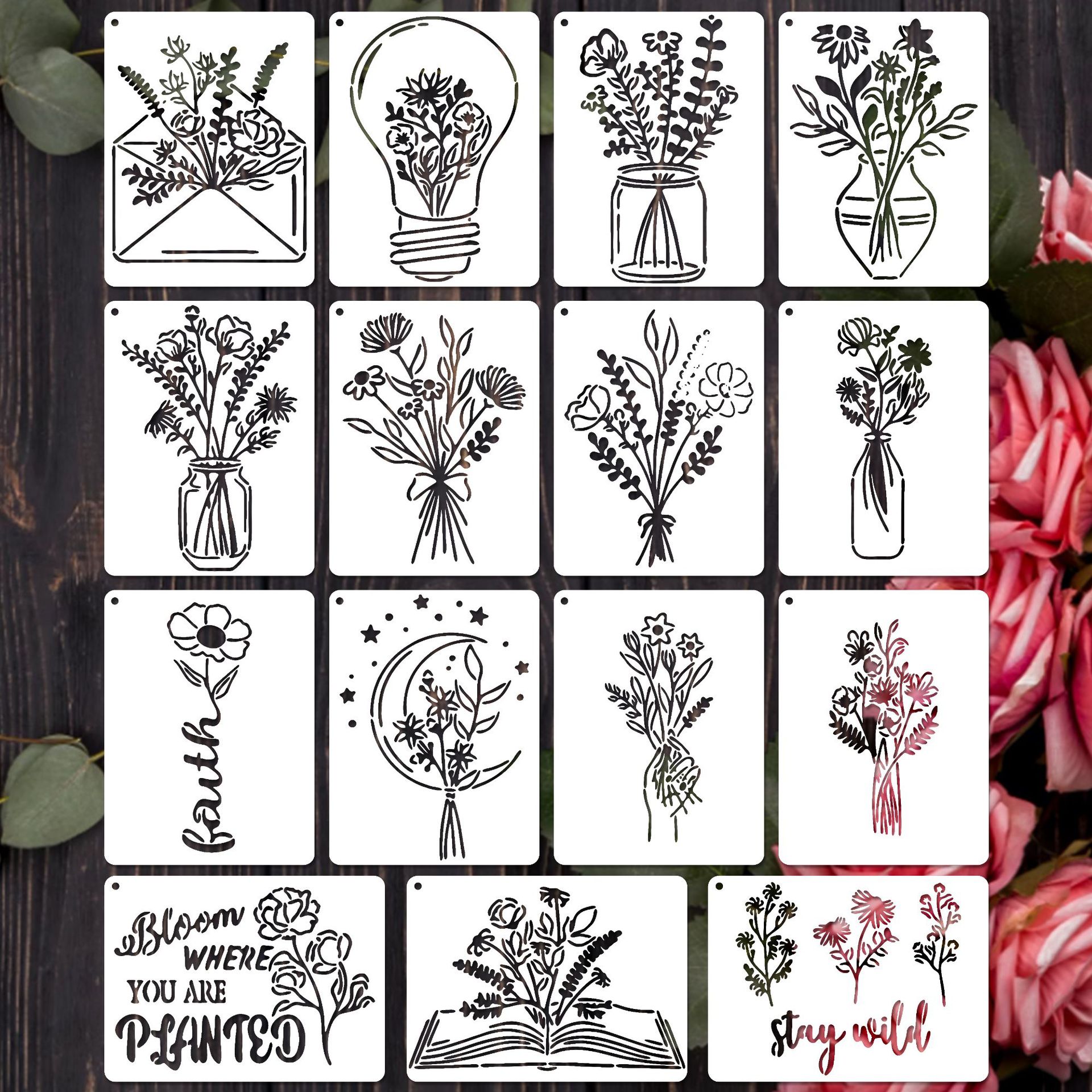 Cross-border creative flowers and plants painting template PET hollow-out leak Printing Board DIY hand-painted graffiti spray painting mold auxiliary painting