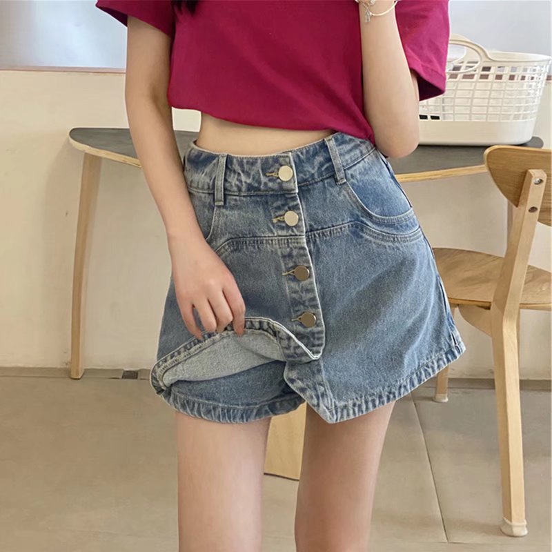 Ins Street Shooting Retro Slimming Irregular Rap High Waist Short Skirt Pants Women's A- Line Student Skirt Denim Skirt for Summer