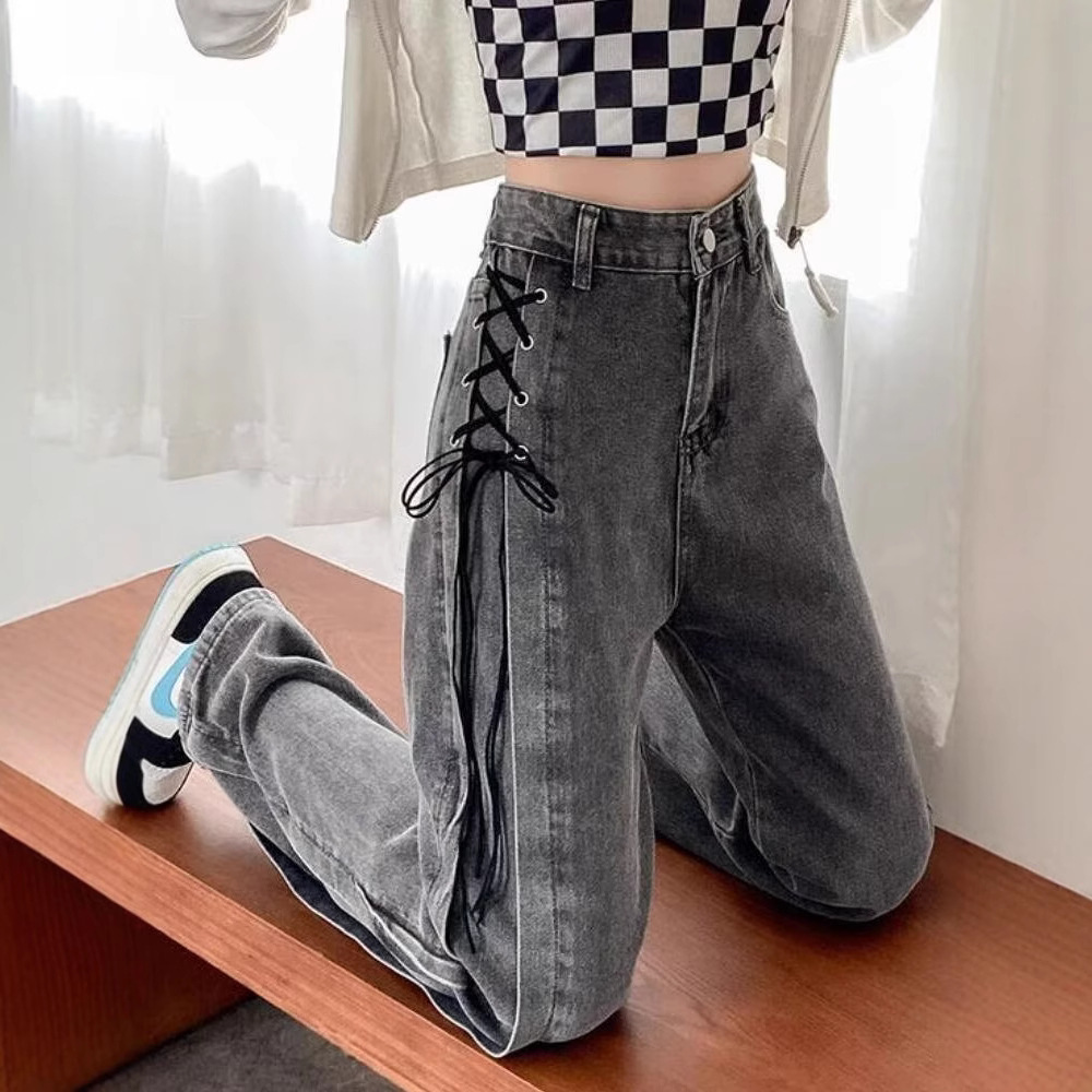 High-Waisted Straight Loose Slimming Wide-Leg Floor-Length Pants Trendy Autumn and Winter Korean Style Ins Design Tie-Up Jeans for Women
