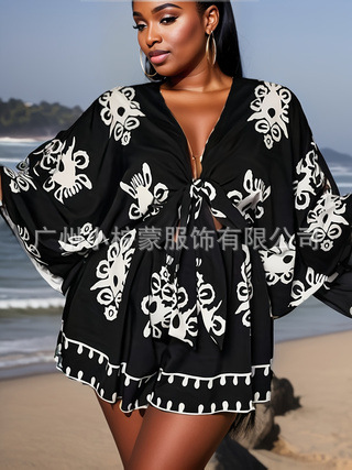 Picture of 2025 European and American Cross-Border Large Size Jumpsuit New Fashion Casual Bell Sleeve Women's V-Neck Print Fashion Sexy