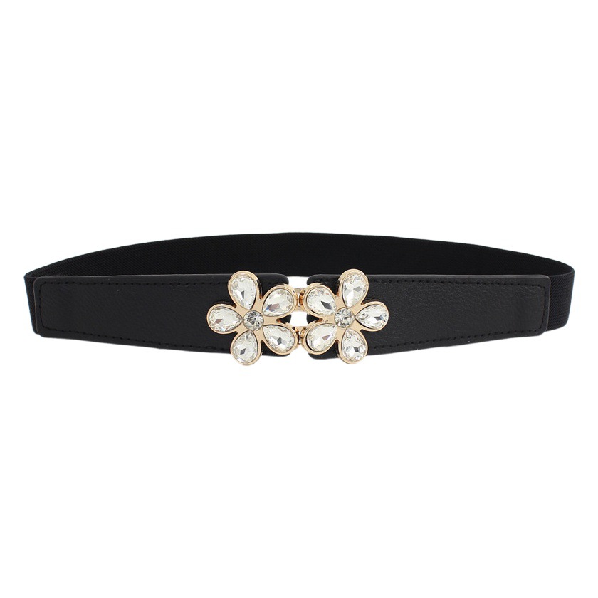 Decorative Belt Women's Stretch Dress Shirt Flower-shaped Diamond Buckle All-match Elastic Black Waist Cover 2 Optional