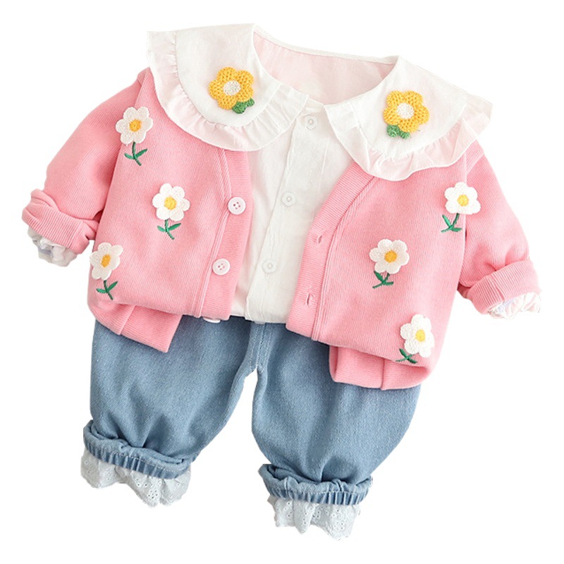 Baby spring and autumn 2023 new girls sweet cardigan three-piece set for children's leisure children's suit in stock hair