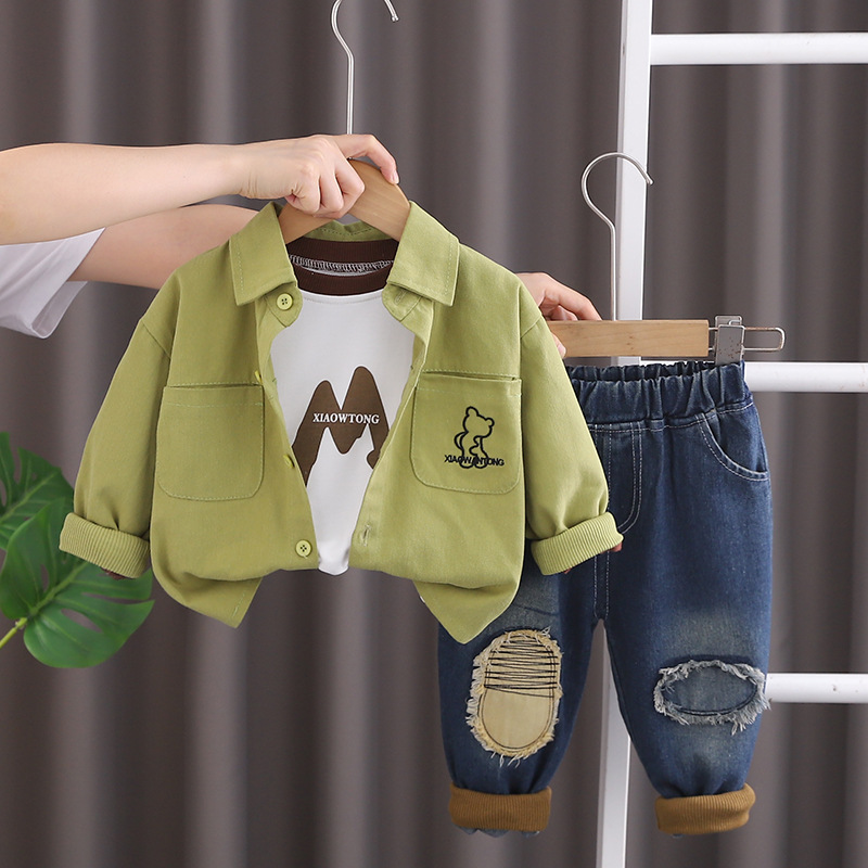 Spring and Autumn New Children's Fashionable Padded Double Pocket Bear Long Sleeve Three-Piece Trendy Boys Western Style Autumn suit