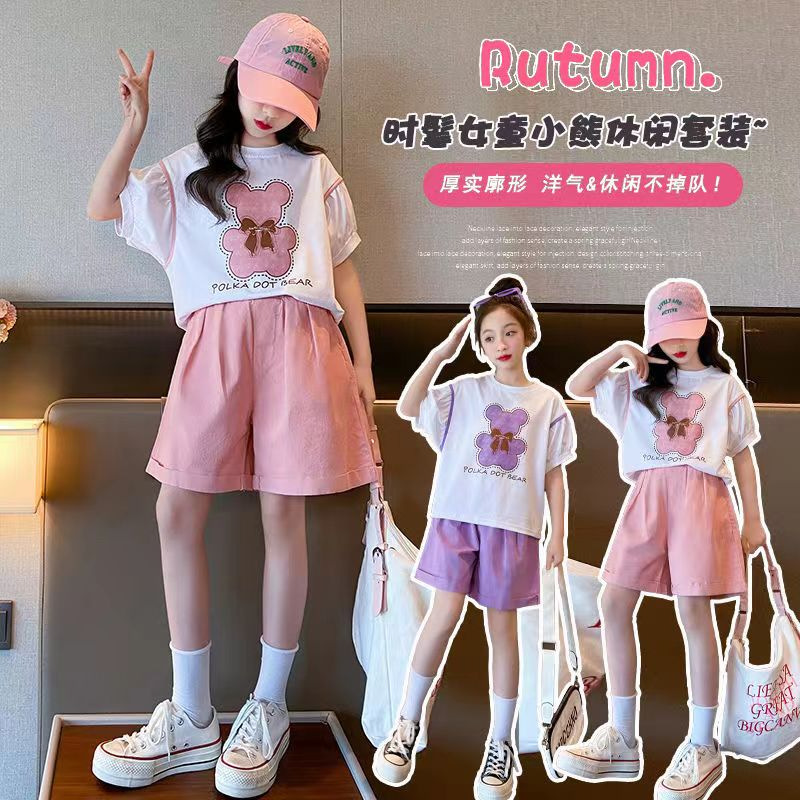 Girls Summer Suit 2024 Girls Summer Suit New Hot Style Korean Style Internet Celebrity Fashion Shorts Bear Cartoon Short Sleeves