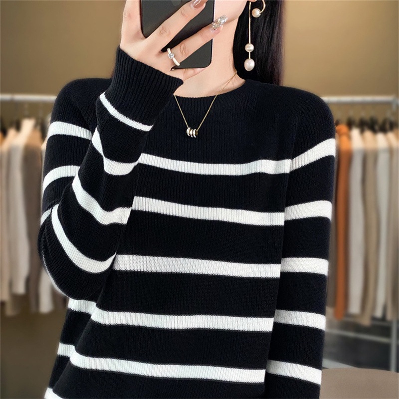 Picture of Striped women's 23 color matching round neck sweater cashmere sweater long sleeve new women's pullover bottoming loose autumn and winter knitted