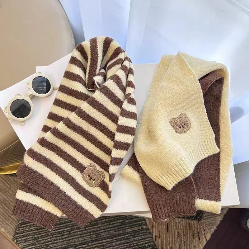 Picture of Children's Woolen Scarf Korean Style Color-Blocked Stripesd Knitted Embroidered Korean Bear Cute Woolen Scarf for Boys and Girls