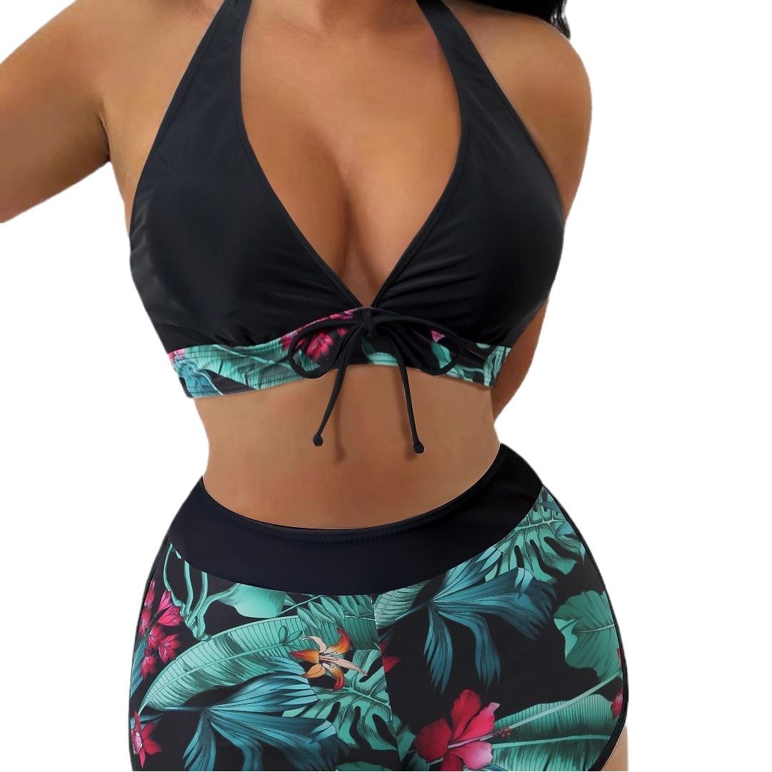 2023 New Cross-border Foreign Trade European and American Printed Neck Split Bikini Amazon AliExpress Sexy High Waist