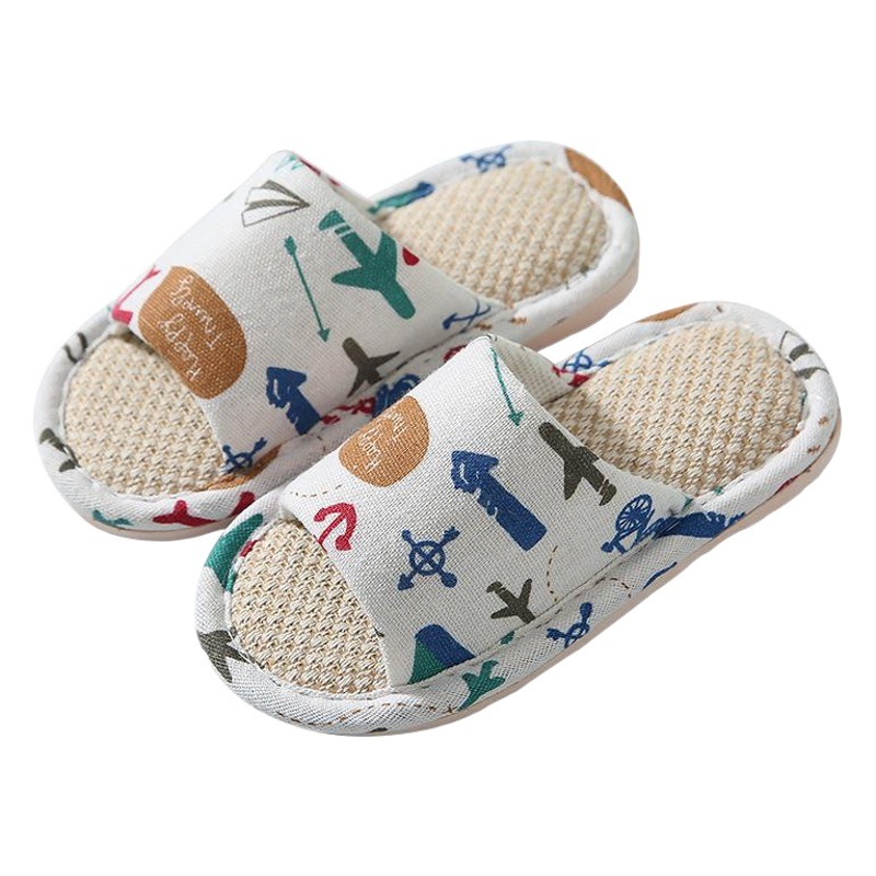 New Kidsren's Linen Slippers for a Family of Three, Family Slippers, Indoor Home Spring and Summer Kindergarten Cartoon Slippers