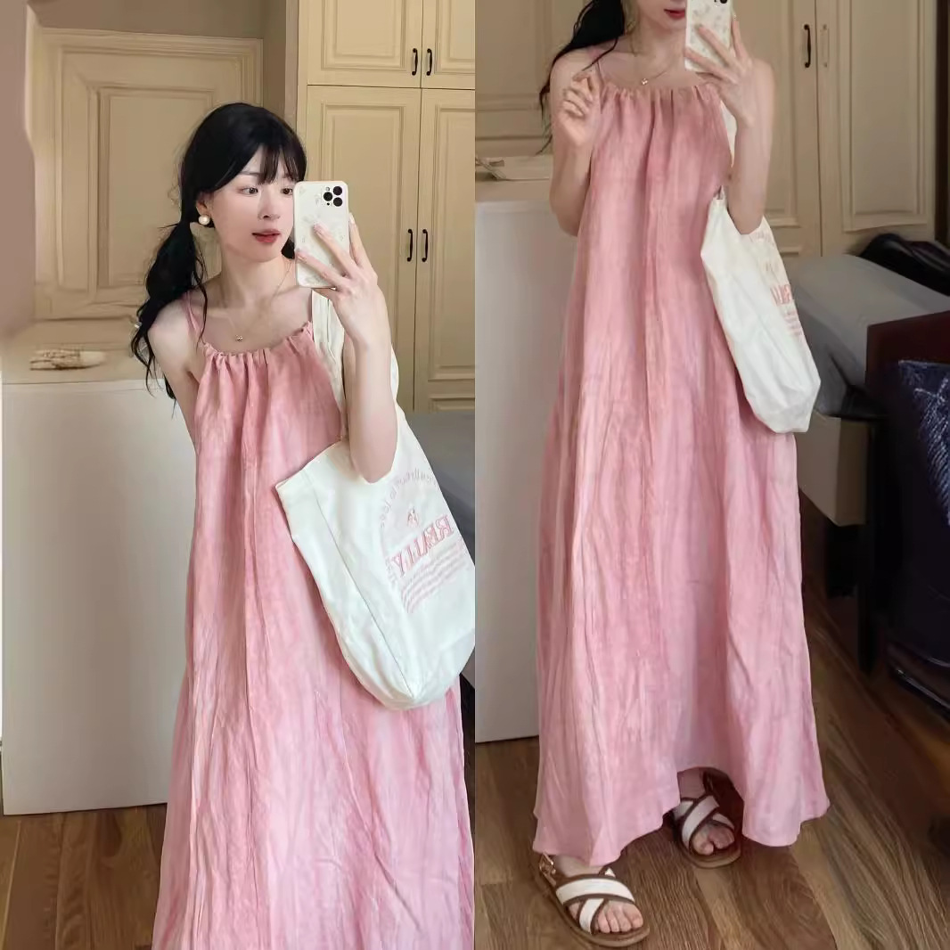 Picture of Pink Sling Long Dress Women's Summer New Seaside Vacation Beach dress Neck Design Niche Dress