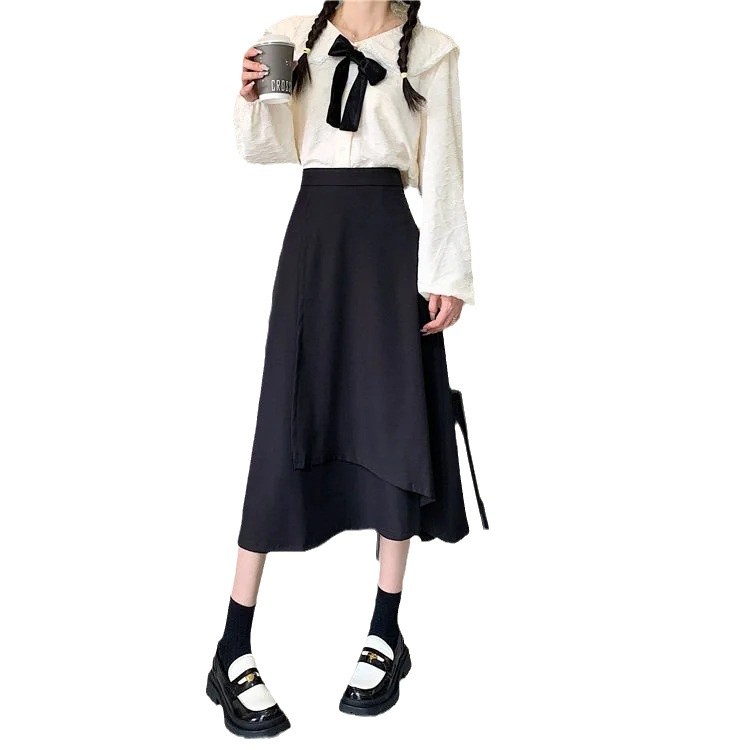 Picture of 2023 Autumn and Winter plus size chubby girl Mid-length Skirt Women's High Waist All-match Hip Covering A- line Skirt Black Hip Skirt