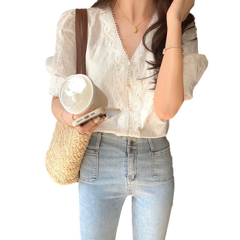 Picture of Korean Chic Summer French Niche Simple Loose All-match Sweet Lace Stitching V-neck Embroidered Lace Shirt