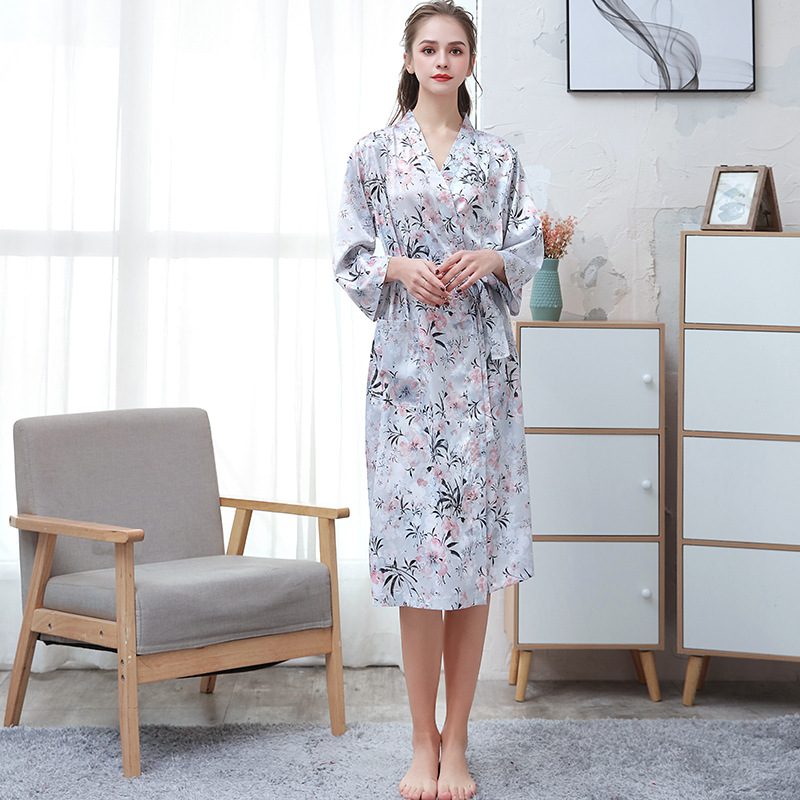 Picture of Couple ice silk bathrobe women's summer thin digital printing artificial silk nightgown men's plus size pajamas spring and autumn