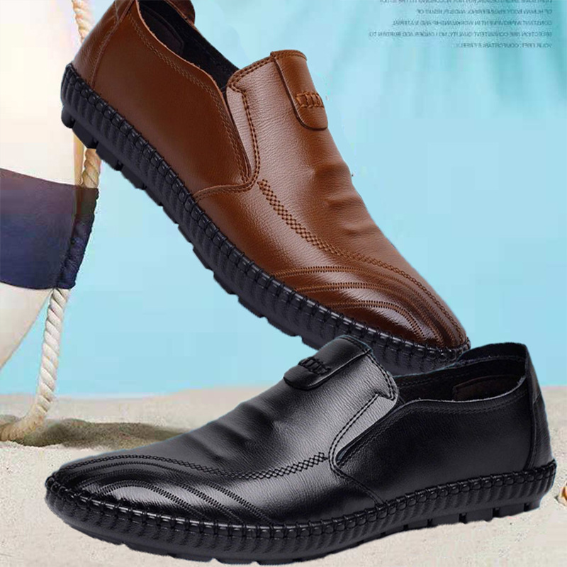 2024 Spring and Summer New Leather Shoes Men's Casual Breathable Lazy Shoes Korean Style Trendy Beanie Shoes Anti-Slip Work Shoes