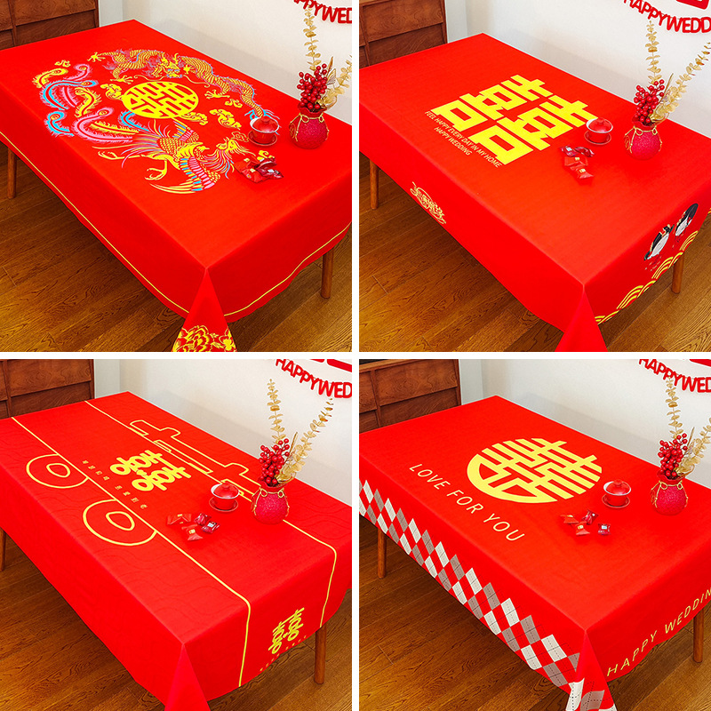 Picture of Wedding Tablecloth Red Festive Wedding Decoration Wedding Banquet Set Table Coffee Table Dining Tablecloth