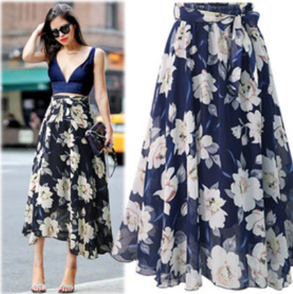 New AliExpress Ebay European and American Style Floral Chiffon Skirt Mid-length All-match Large Swing Skirt