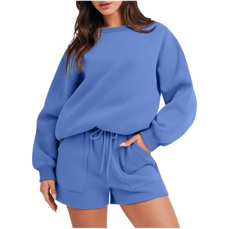 Amazon eBay European and American cross-border women's clothing s fashion round neck long sleeve loose sweater long sleeve shorts suit in stock