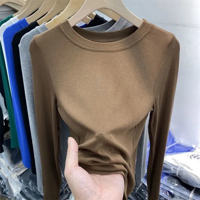 European Round Neck Thread Long-sleeved T-shirt Women's 2023 Autumn New Slim-fit Slimming Solid Color All-match Base Shirt Top
