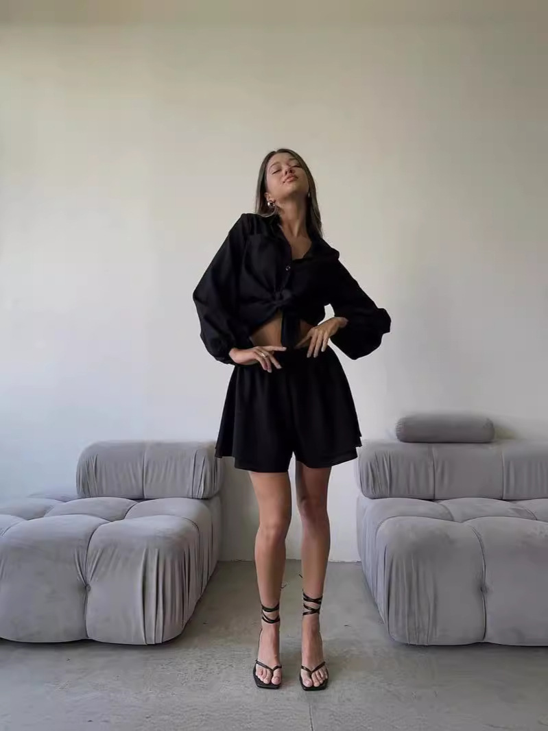 Picture of 2024 Summer European and American Women's Clothing Amazon Cross-border Long-sleeved Top Ruffled Shorts Casual Fashion Suit Women