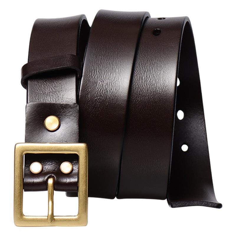 New 3.6CM Pure Brass Buckle Retro Leather Belt Trendy All-match Casual Top Layer Oil Wax Leather Men's Belt