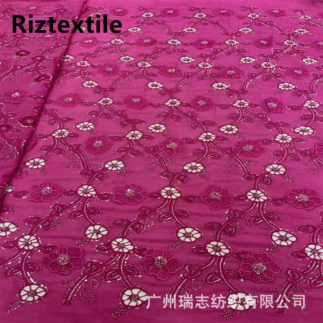 Picture of Wholesale African Cut Out Beaded Lace Fabric Evening Dress Sequin Embroidered Fabric African Sequins Lace