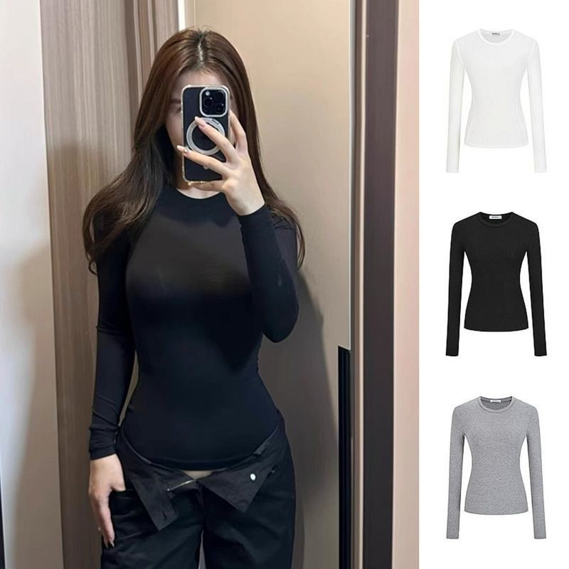 Solid color slimming long-sleeve T-shirt for women, new autumn versatile Korean style hot girl outfit, base top for women, trendy style