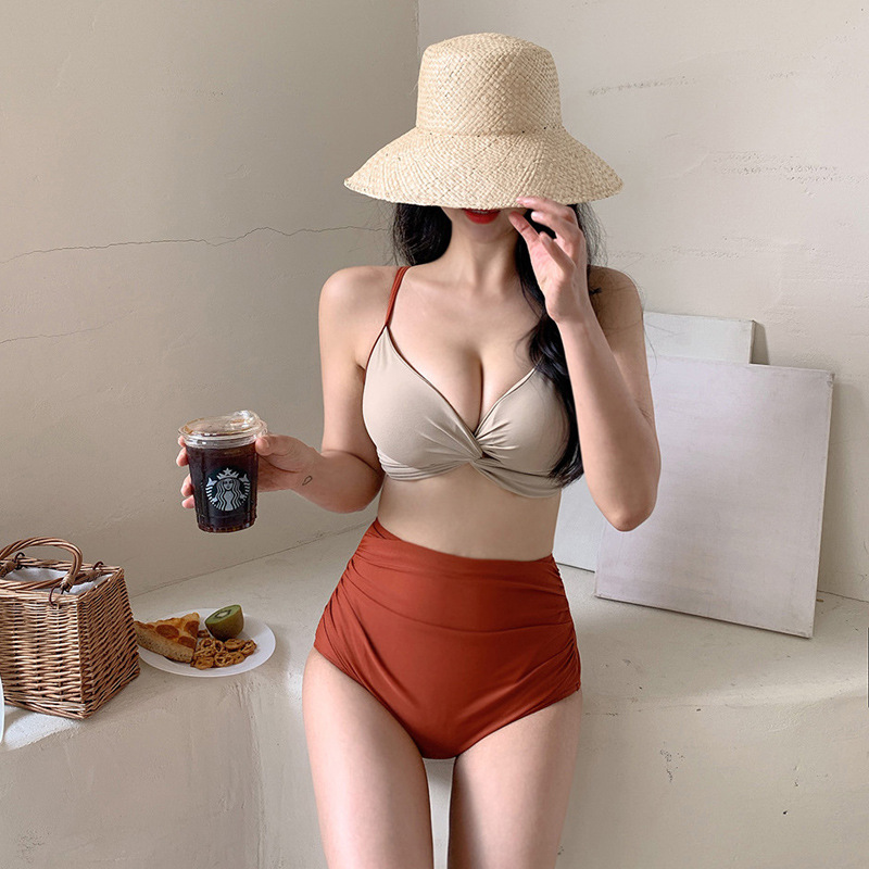 Amazon sexy swimsuit 2023 South Korea new twist bag bra high waist color split women's bikini swimsuit