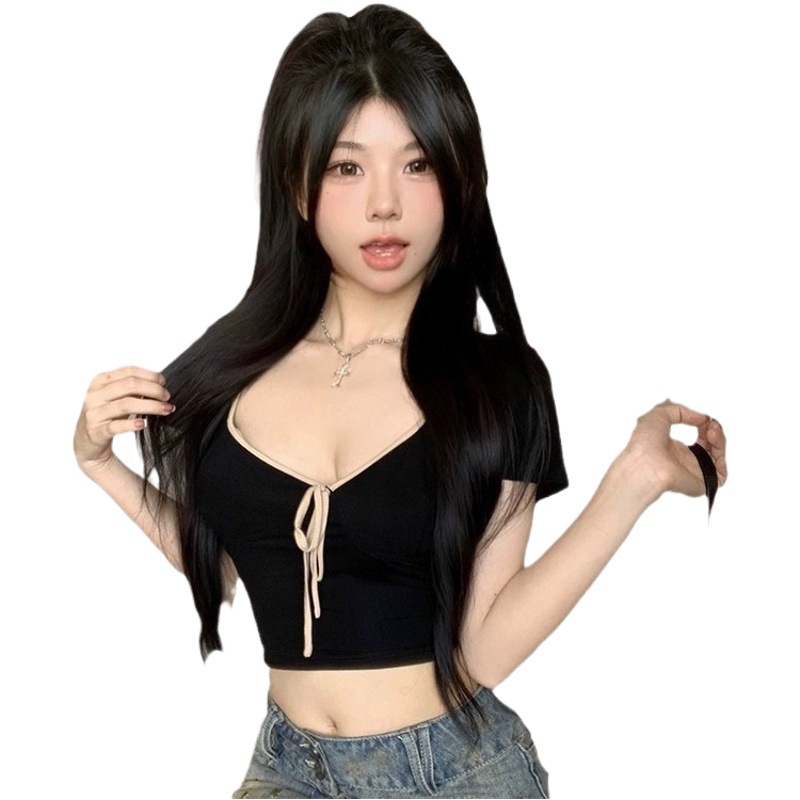Pure desire V-neck open collarbone lace-up T-shirt women's summer tight stretch short top black short sleeve undershirt
