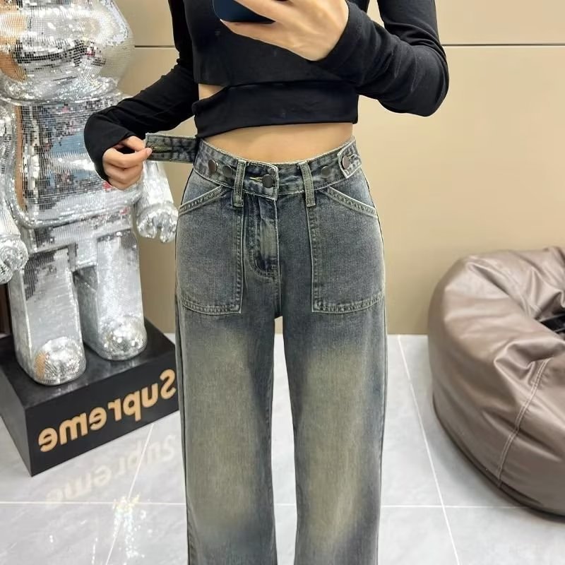 Picture of High waist wide leg jeans for women 2023 autumn and winter New American retro loose slimming draping straight mop pants
