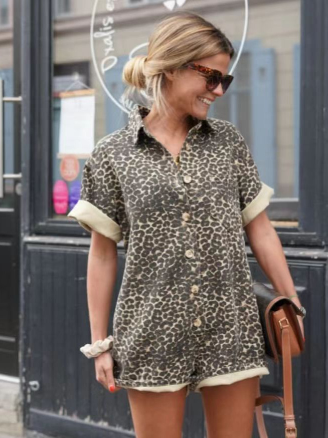 Cross-border New Women's Clothing 2024 Summer Amazon Printed Vacation Style Lapel Design Shirt Shorts suit Women