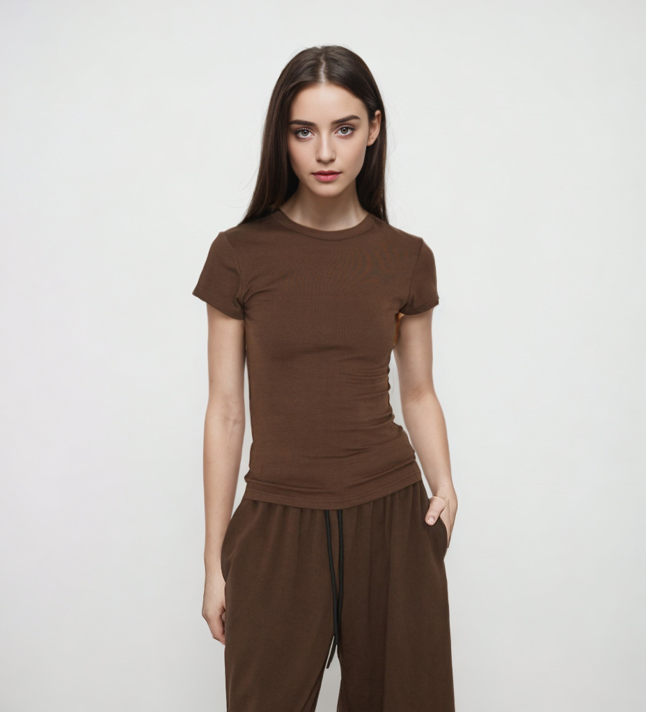 Picture of Spot Basic Elastic Modal Right Shoulder Women's Slim Sports Top American Sexy Hourglass Waist Short-Sleeved T-Shirt