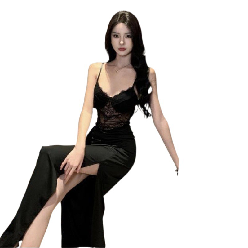 New elegant retro black lace stitching high slit sexy sheath waist-tight elegant suspender dress evening dress