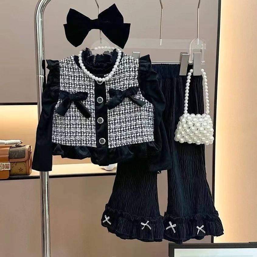 Customized Girls' Spring suit Korean Baby Girl's Small Fragrant Vest Flared Pants Girls' Spring and Autumn Three-piece Fashionable Set