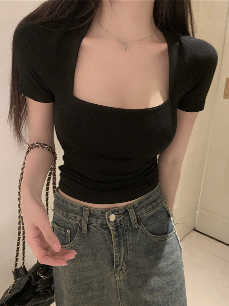 Picture of Short-sleeved T-shirt Women's 2025 Summer New French U-shaped Square Collar Short Top for Students Slim-fit Slimming Low-collar Trendy