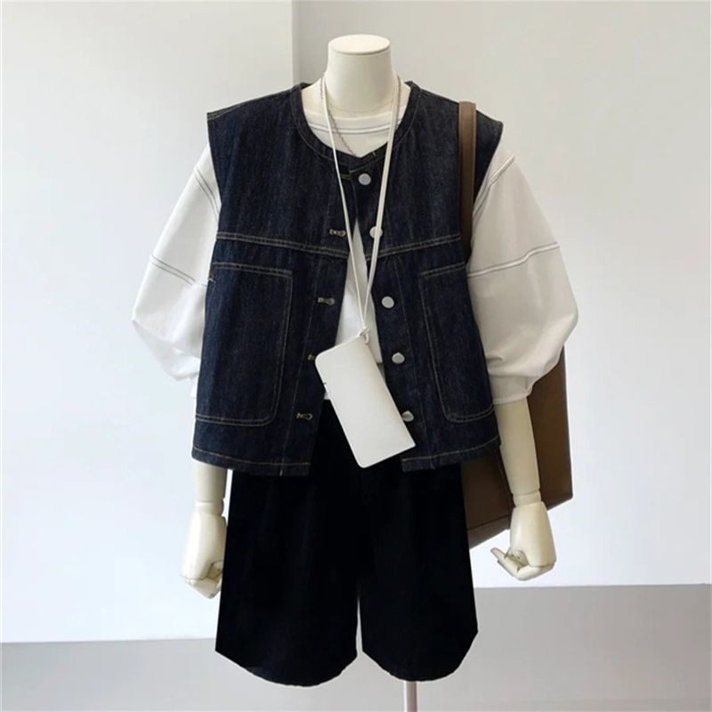 Hong Kong-style retro layering with a slim denim vest women's spring and summer new high-end fashion sleeveless shoulder jacket