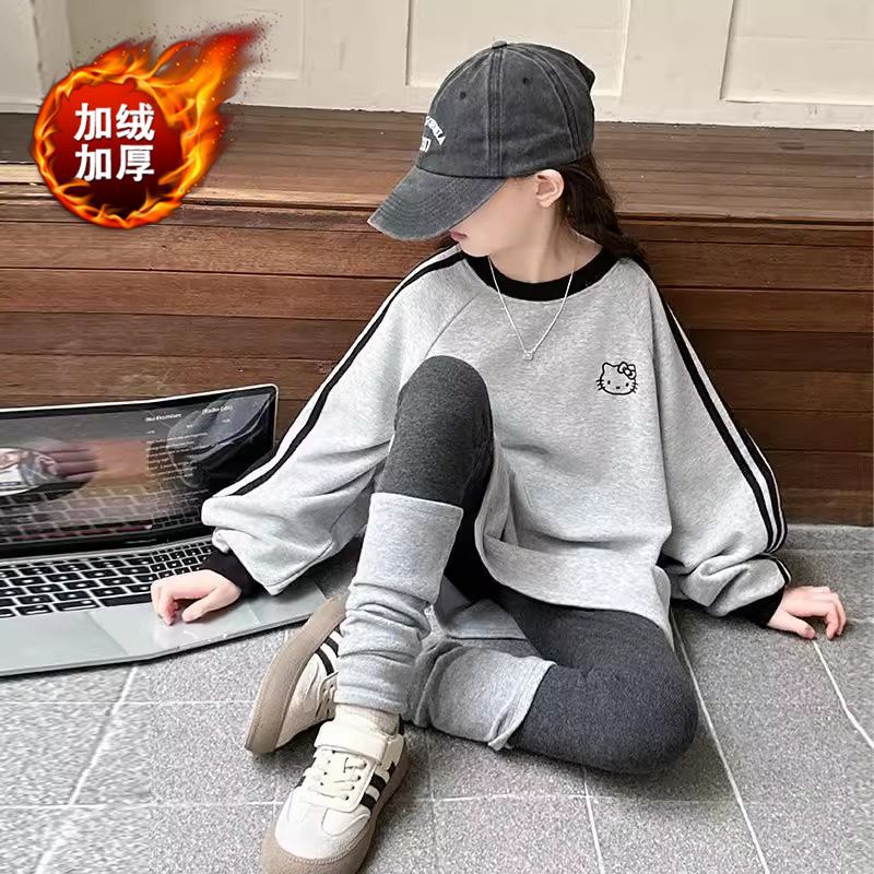 Girls' Winter fleece-lined Sweat 2024 New Western Style Children's Thickened Autumn and Winter Winter Round Neck Top for Middle and Big Children