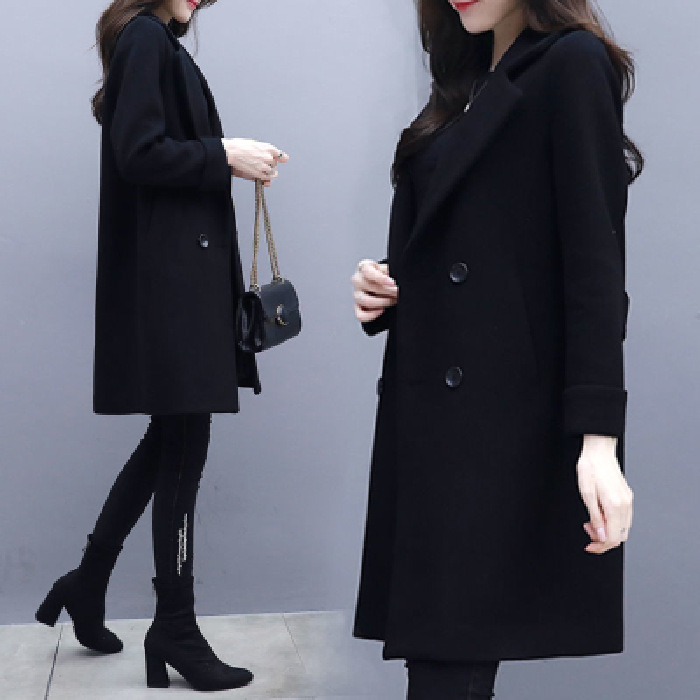 Picture of 2025 New Autumn and Winter Thickened Hepburn-Style Pocket Woolen Coat for Women, Black Slimming Mid-Length Woolen Coat