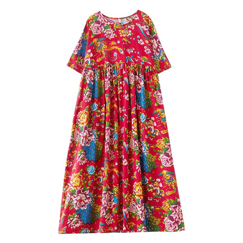 Ethnic style northeast big flower middle-aged and elderly mothers wear plus size fat loose slimming short sleeve linen cotton contrast color dress