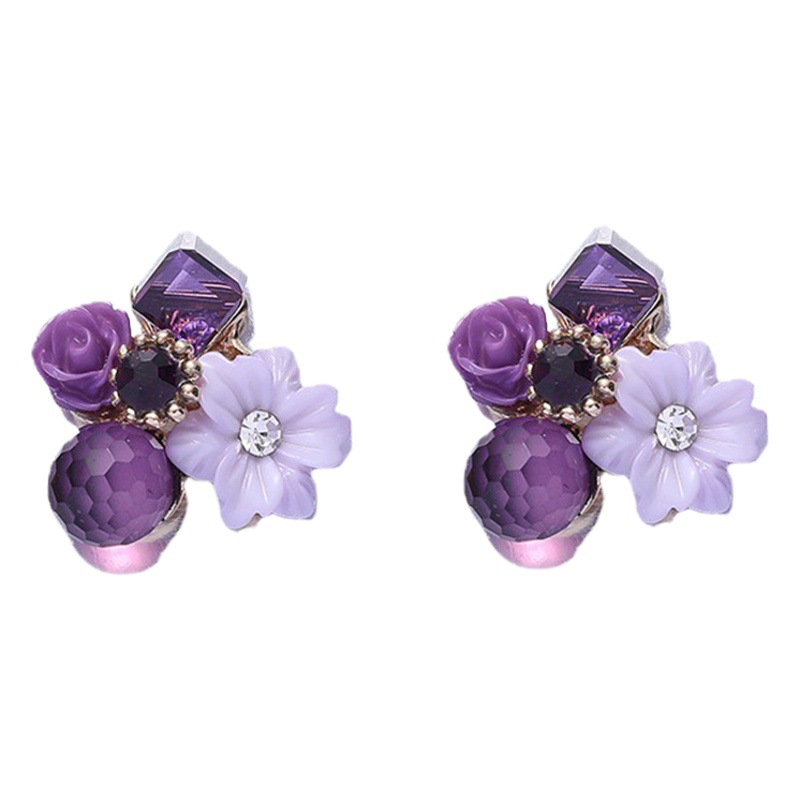 Gentle Fragrant Taro and Purple Splicing Three-dimensional Flowers Retro Temperament Earrings Without Earholes