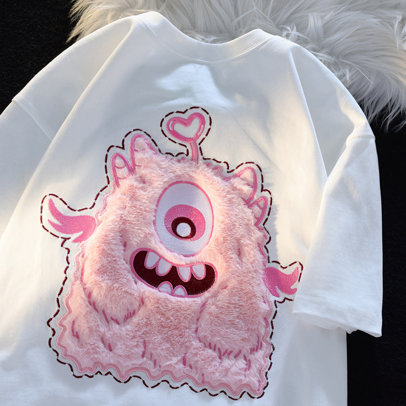 American Style Vintage Pink Monster Three-dimensional Embroidered Short-sleeved T-shirt Women's Pure Cotton Loose High Street Fashion Brand Half-sleeved Top