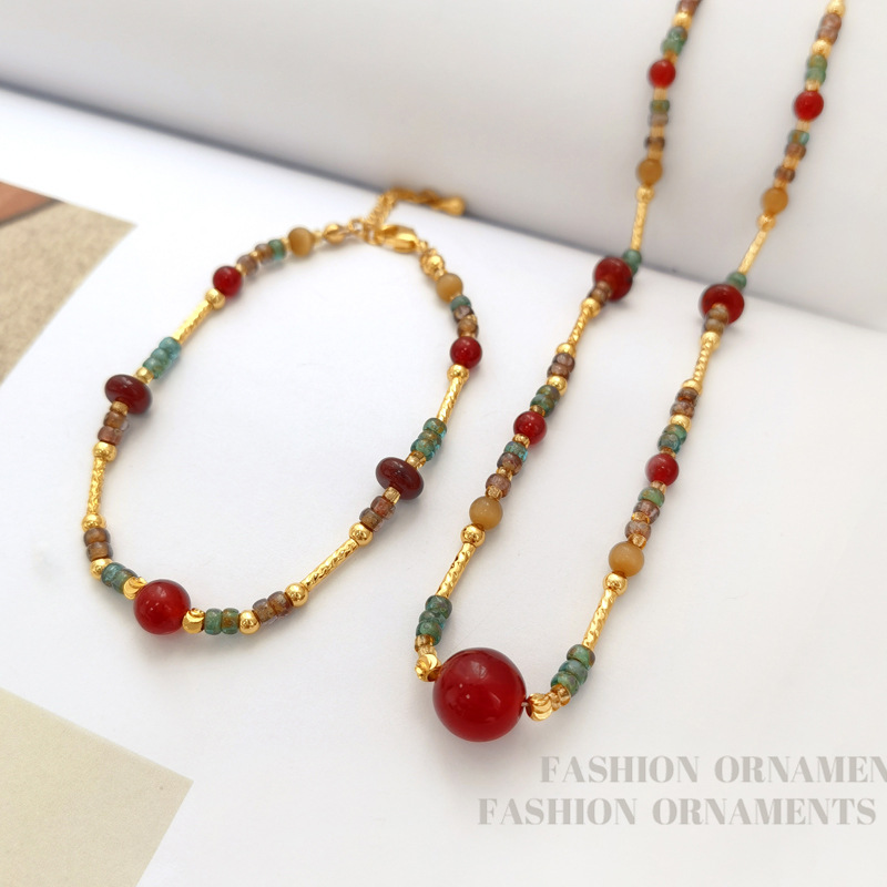 New Chinese Style Retro National Fashion Design Hand Necklace Early Autumn New Necklace Niche Red Agate Bracelet Clavicle Chain 2840