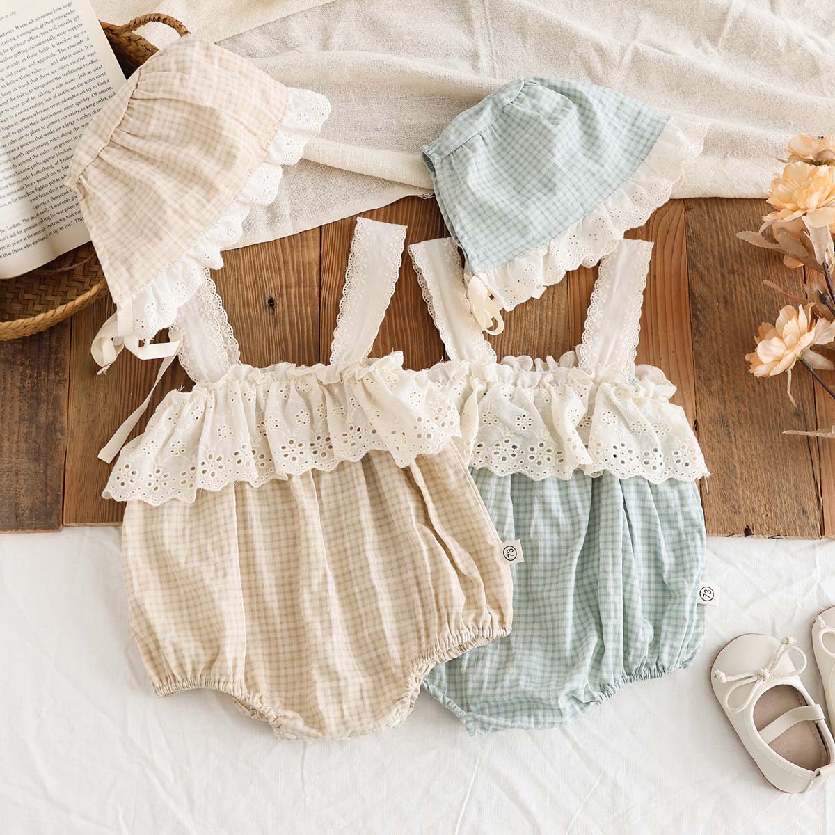 Baby Girl Clothes Lace Lace Wrap Fart Clothes Summer New Plaid Suspenders Bodysuit Baby Full Moon Outfit