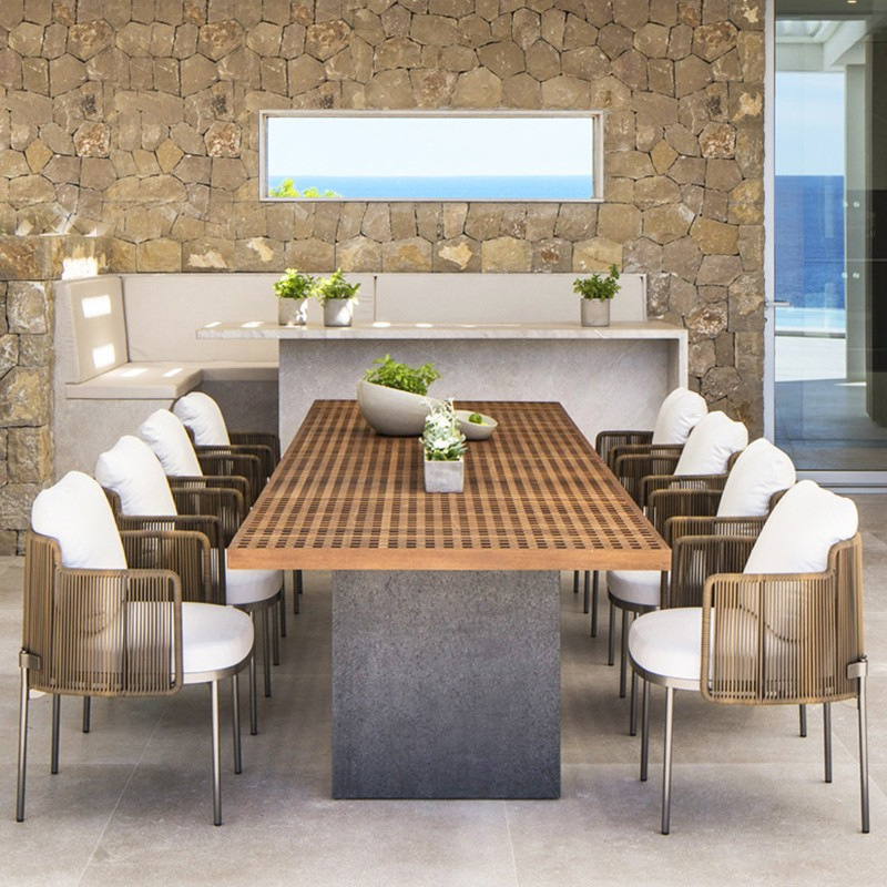 Outdoor Rattan Table and Chair Combination High-end Courtyard Furniture Garden Sofa Rattan Chair Balcony Teak Long Table Dining Chair Commercial